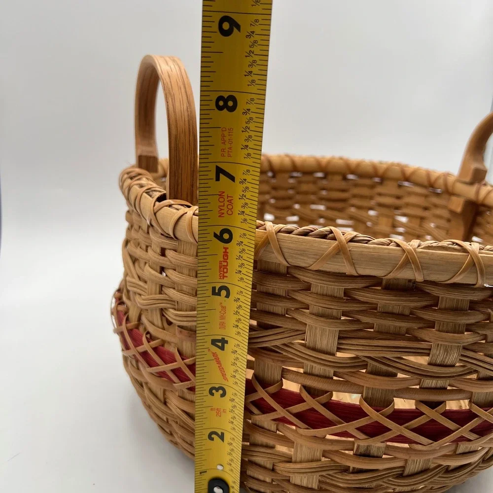 Handmade Round Woven Basket Wood Base Red Accent Band Bentwood Handles 11in